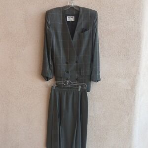 Kasper for ASL Vintage Skirt Suit Olive Green Windowpane Plaid Size 6 Blazer Set